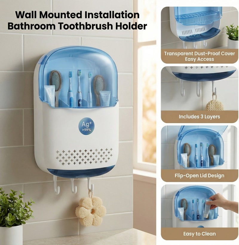 يلا اكس حامل فرشاة أسنان معلق على الحائط بسعة كبيرة، منظم حمام لفرش الأسنان الكهربائية مع غطاء واقٍ من الغبار وحامل معجون أسنان وخطافات – لون أبيض - Image 5